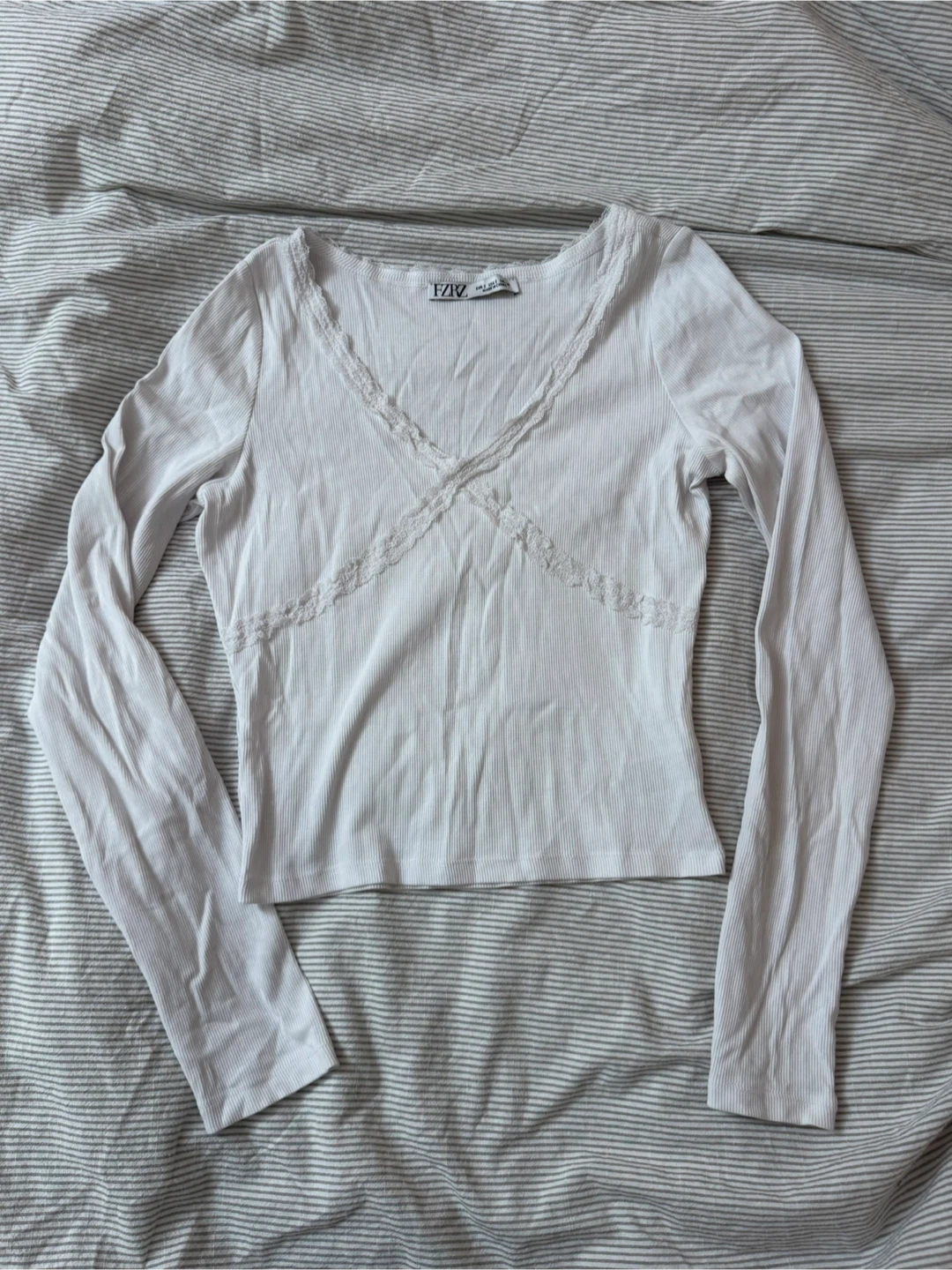 White Ribbed Long Sleeve Top with Lace Trim