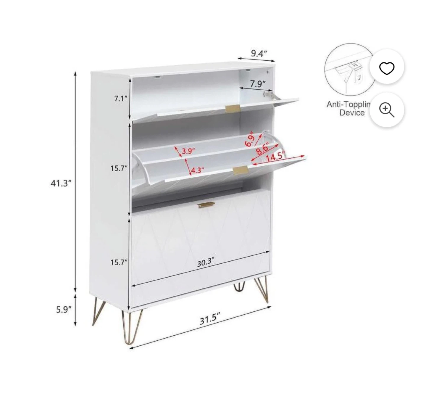 White 3-Drawer Shoe Cabinet with Gold Accents - photo 3