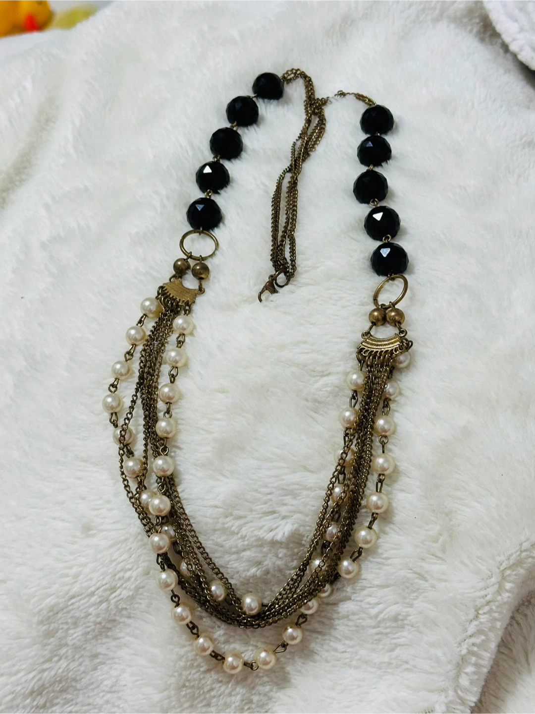 Layered Faux Pearl and Black Bead Necklace