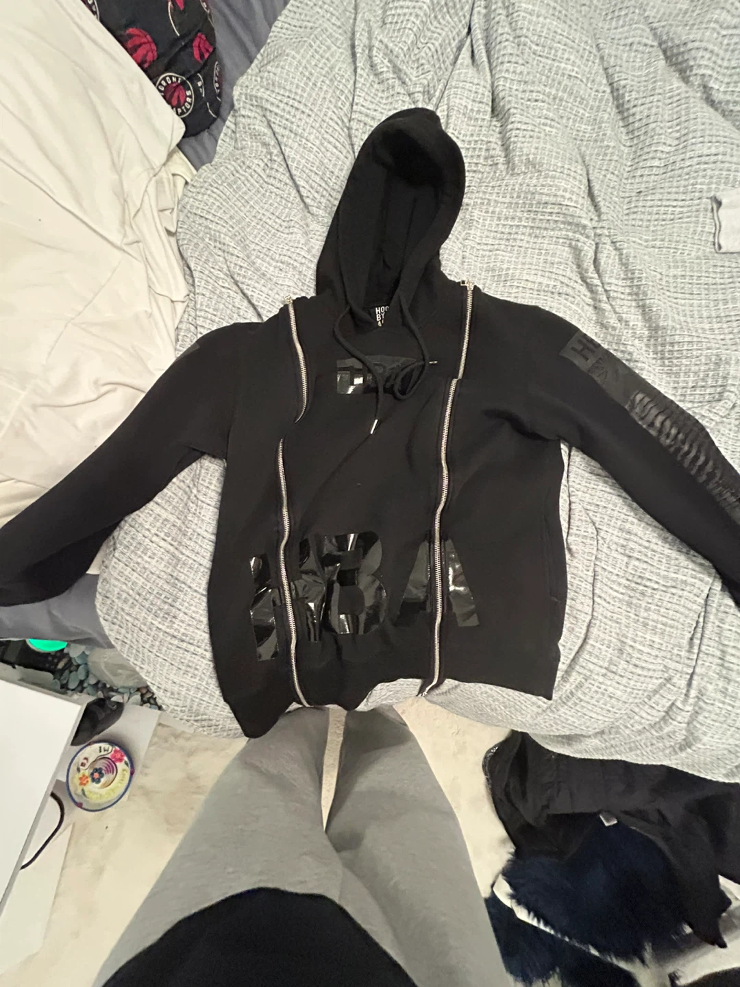 Black Zip-Up Hoodie with Graphic Detail