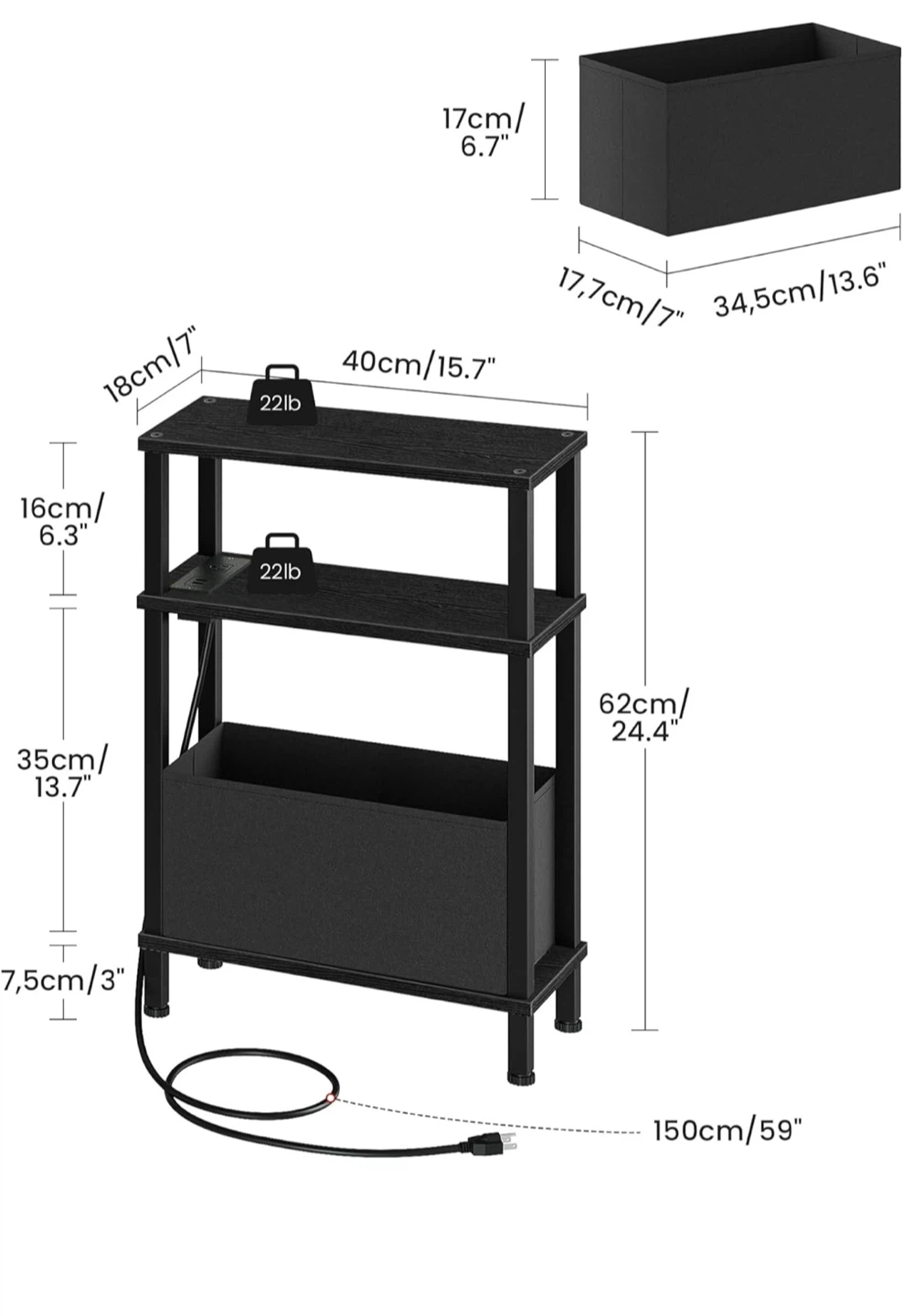 3-Tier Narrow End Table with Charging Station - photo 3