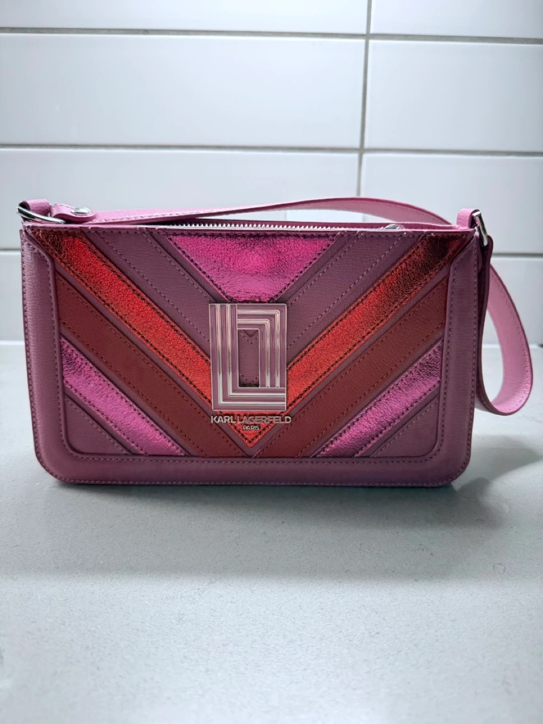 Karl Lagerfeld Paris Shoulder Bag - Pink Metallic Chevron