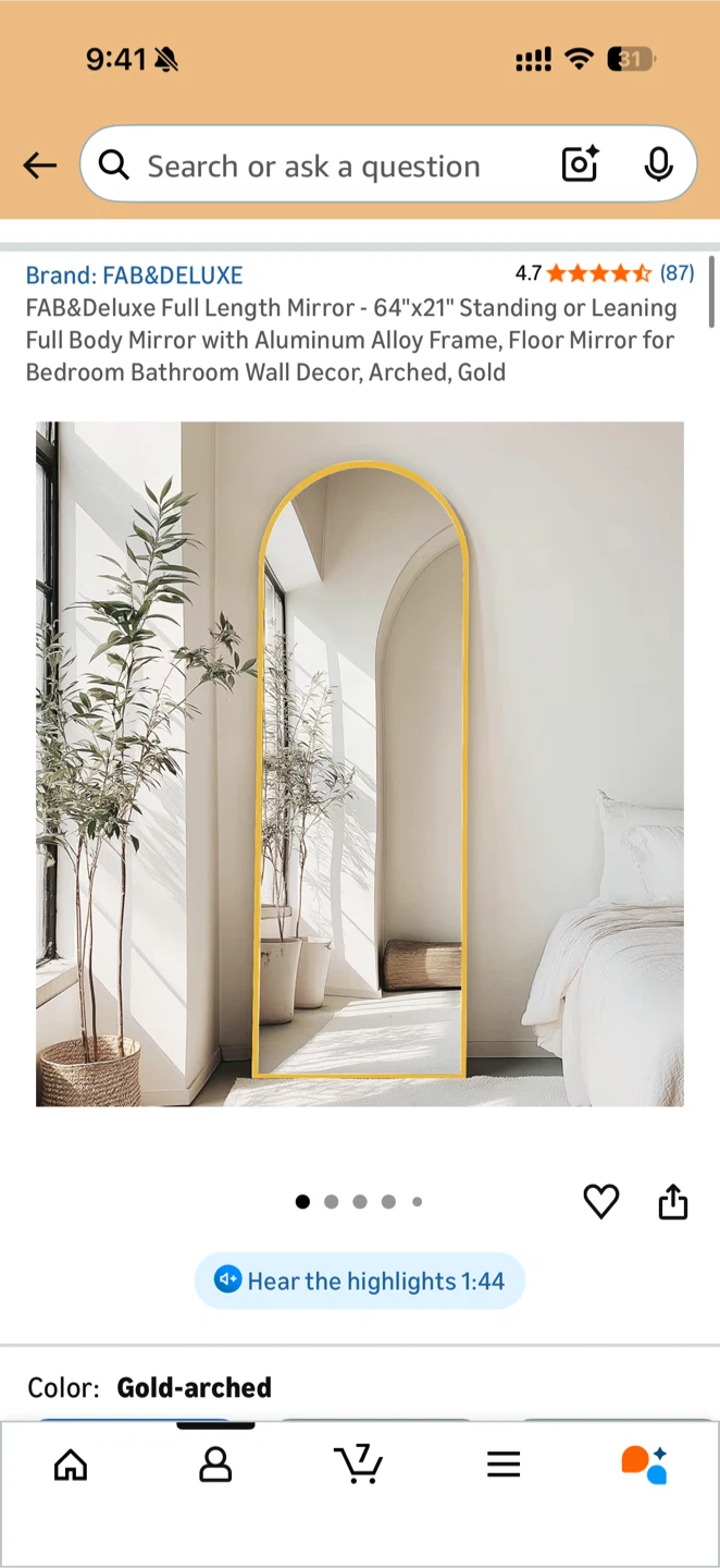 FAB&DELUXE Full Length Mirror - Gold Arched, 64"x21"