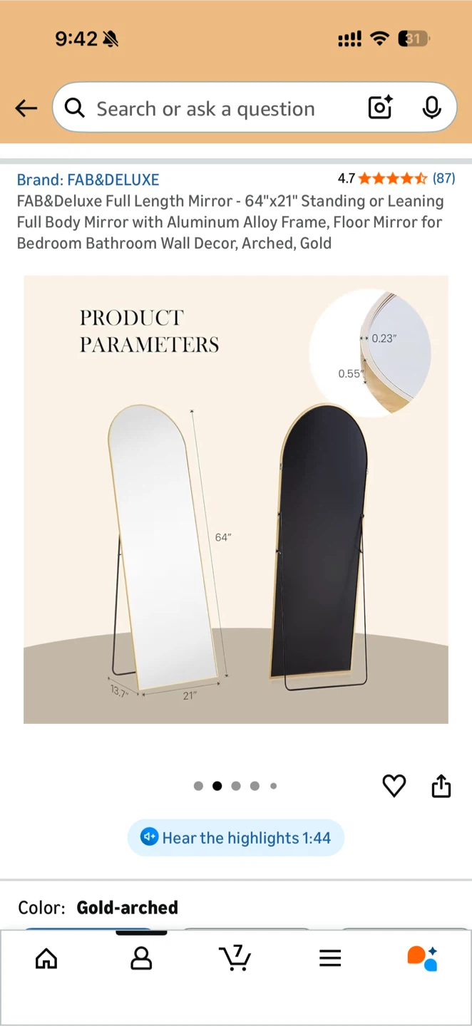 FAB&DELUXE Full Length Mirror - Gold Arched, 64"x21" - photo 2