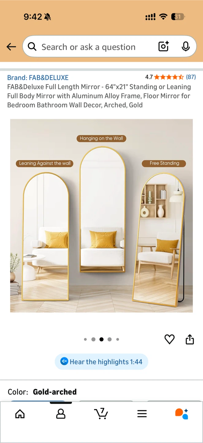 FAB&DELUXE Full Length Mirror - Gold Arched, 64"x21" - photo 3