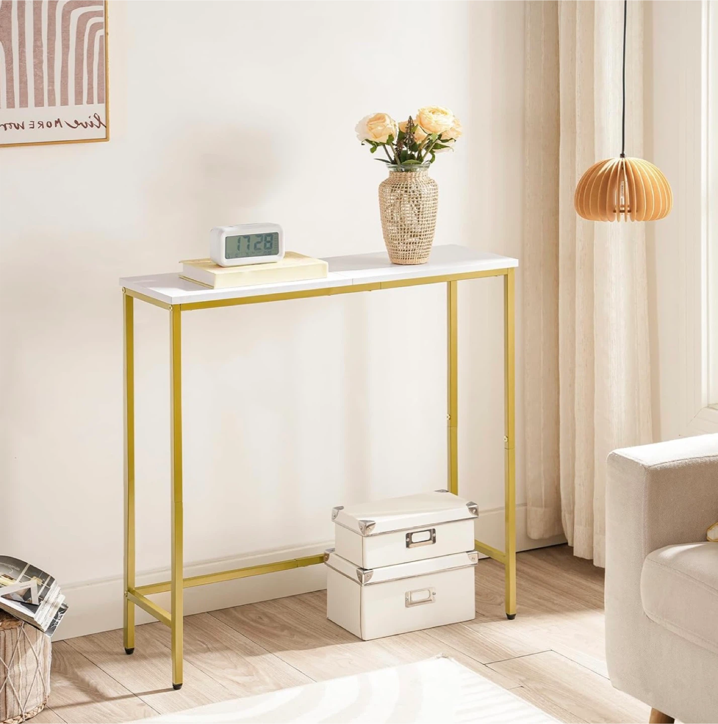 Narrow Console Table with White Marble Top and Gold Frame - photo 5
