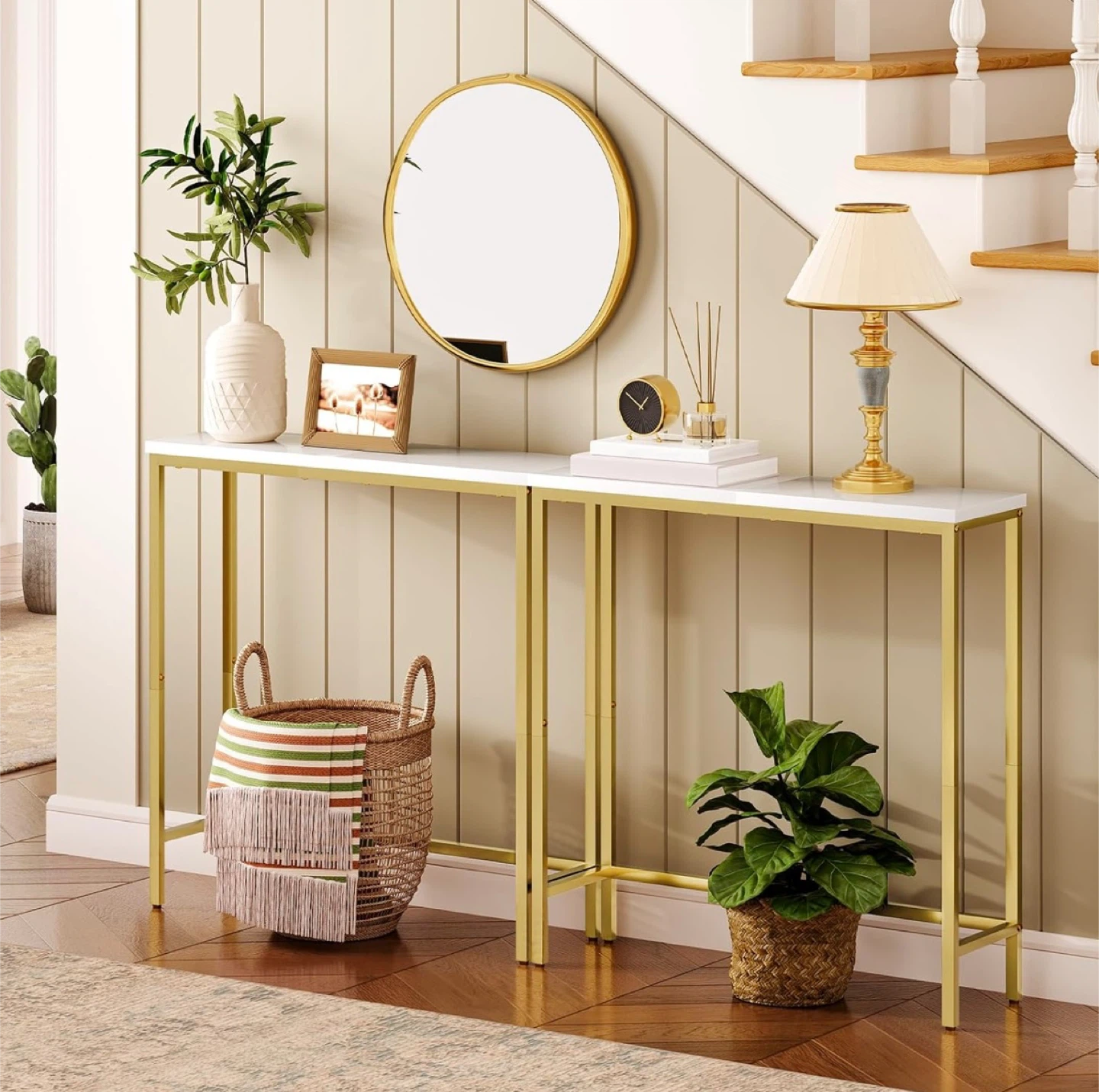 Narrow Console Table with White Marble Top and Gold Frame - photo 2