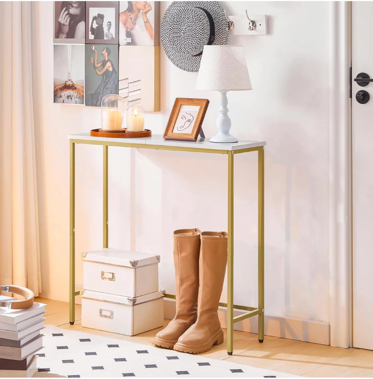 Narrow Console Table with White Marble Top and Gold Frame - photo 4