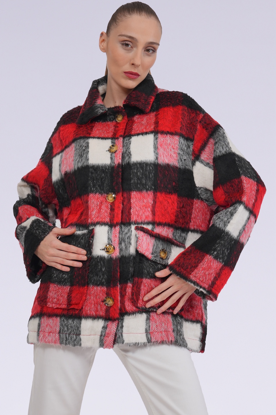 🥕Red Plaid Fuzzy Button-Up Jacket