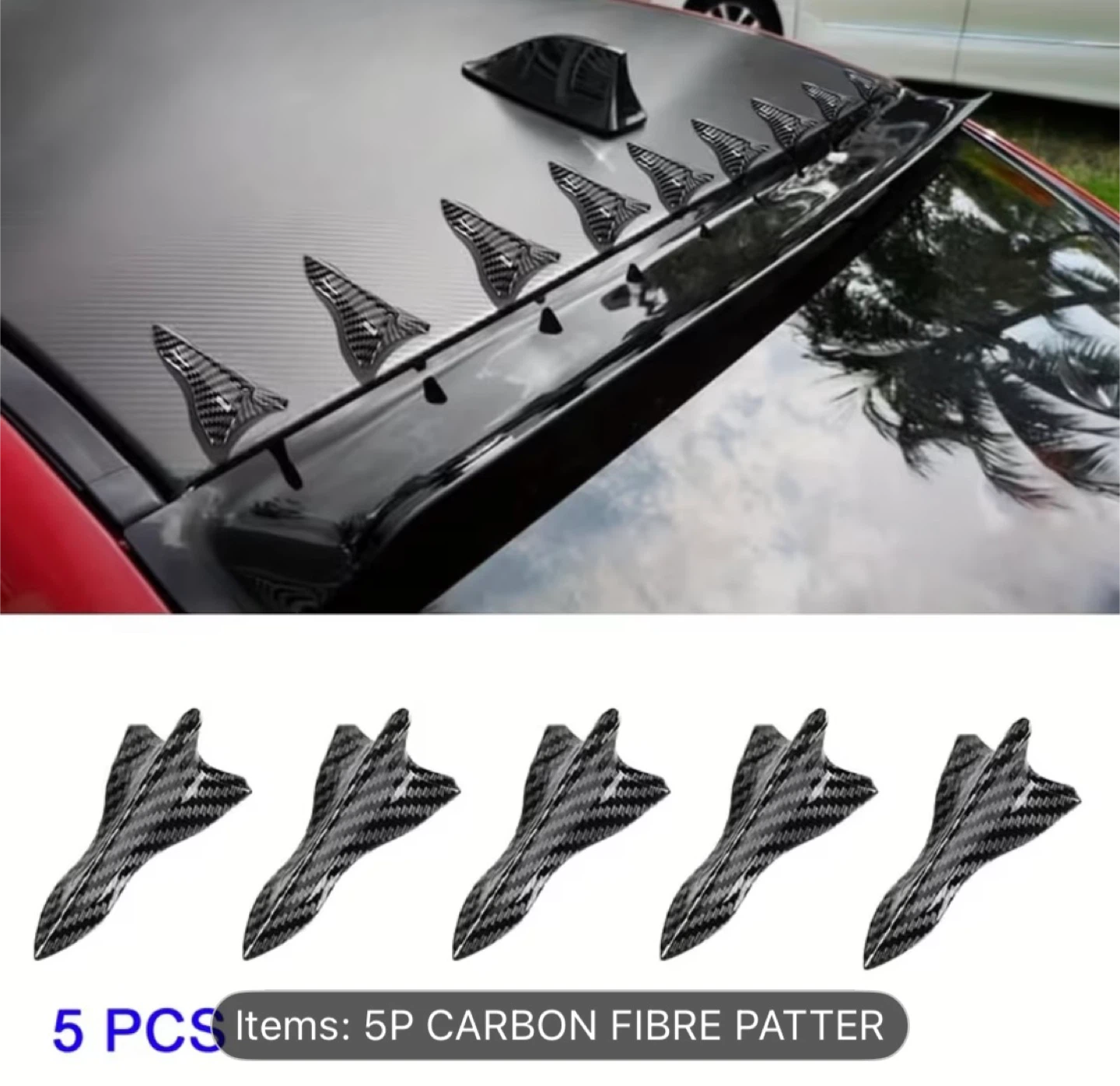 5 Pcs Carbon Fibre Pattern Car Roof Shark Fin Spoiler Winglets