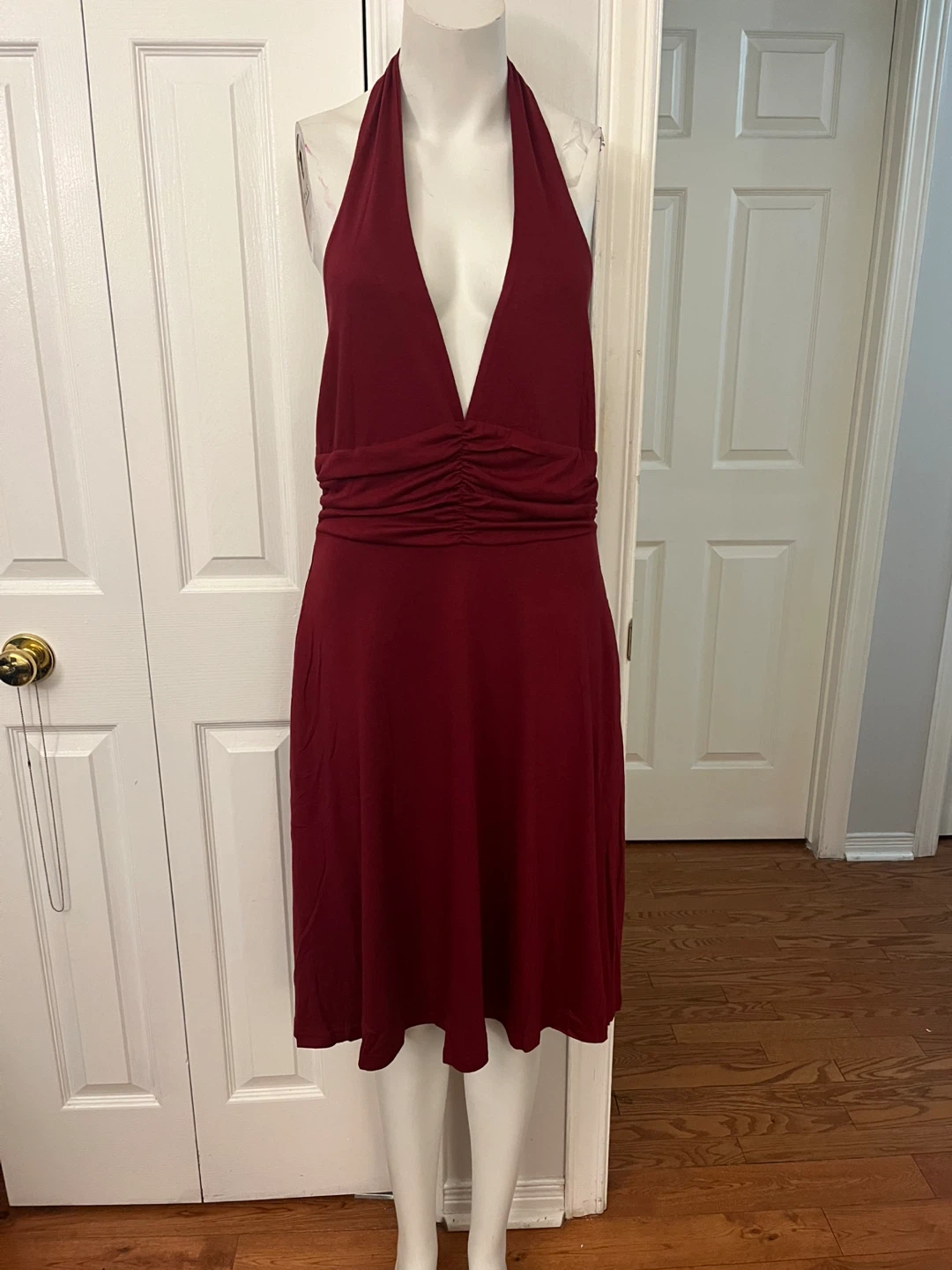 Maroon Halter Neck Ruched Waist Dress size large