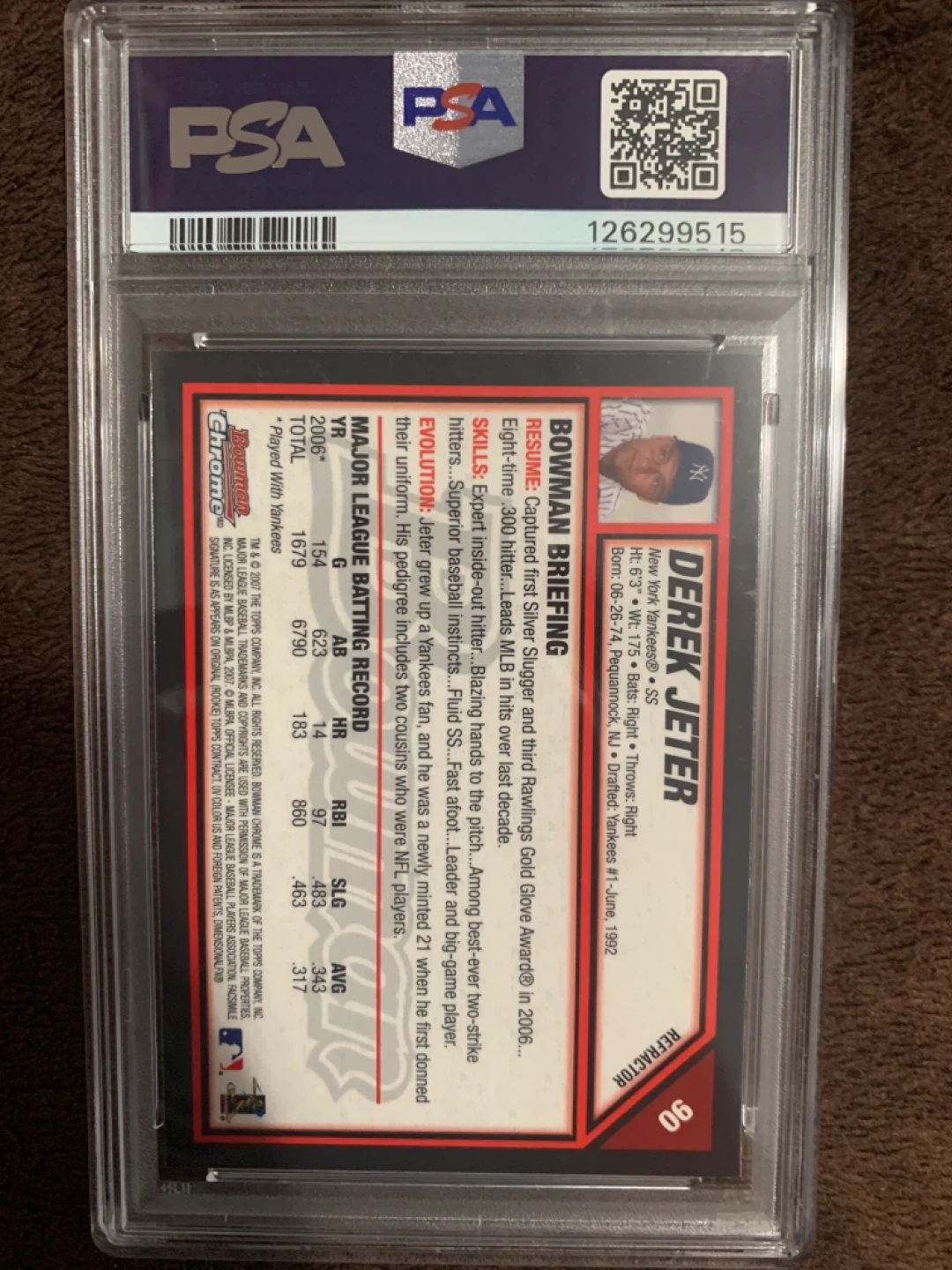 2007 BOWMAN CHROME REFRACTOR #90 DEREK JETER PSA 9 - photo 3