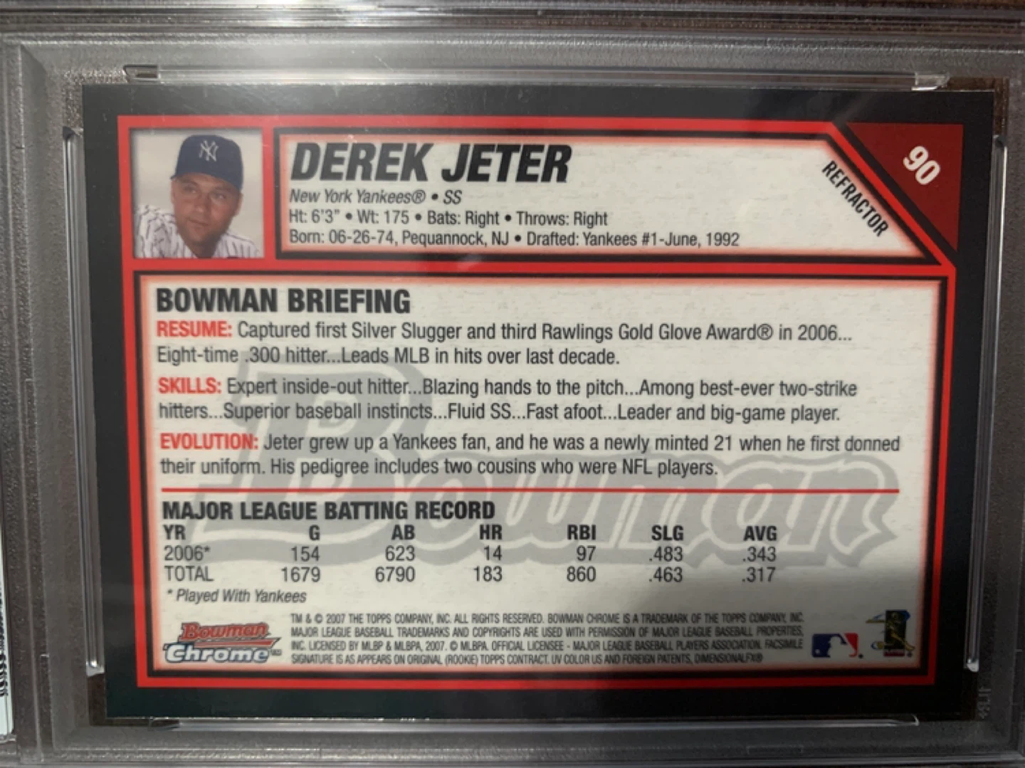 2007 BOWMAN CHROME REFRACTOR #90 DEREK JETER PSA 9 - photo 4