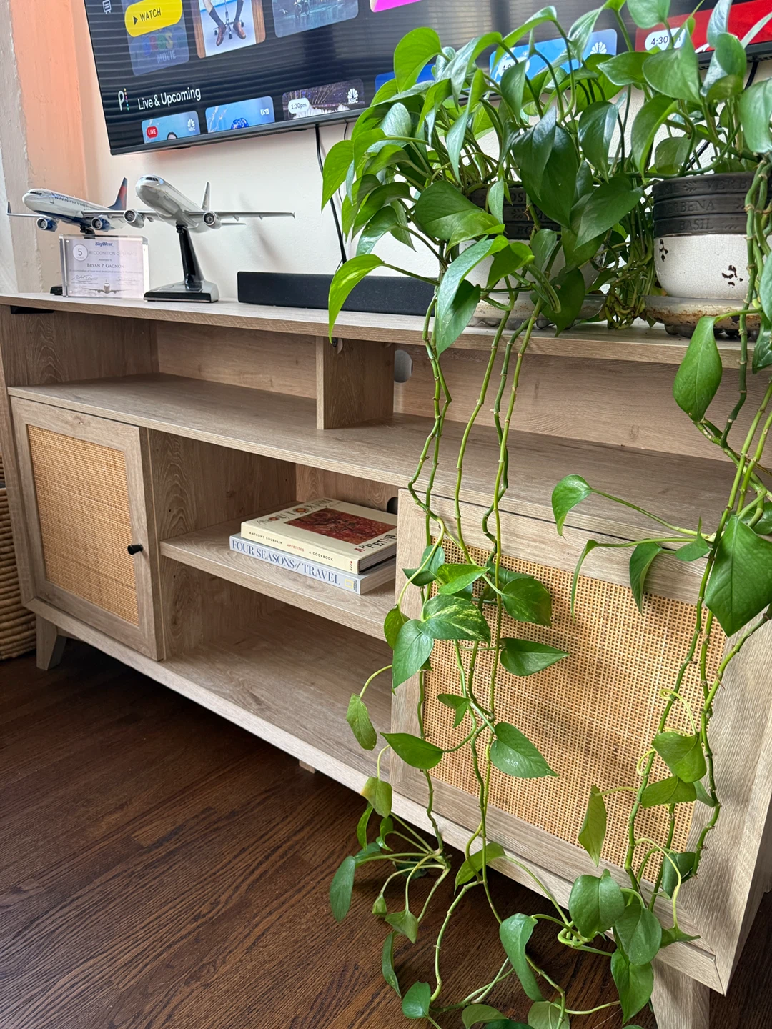 Wood Media Console with Rattan Doors