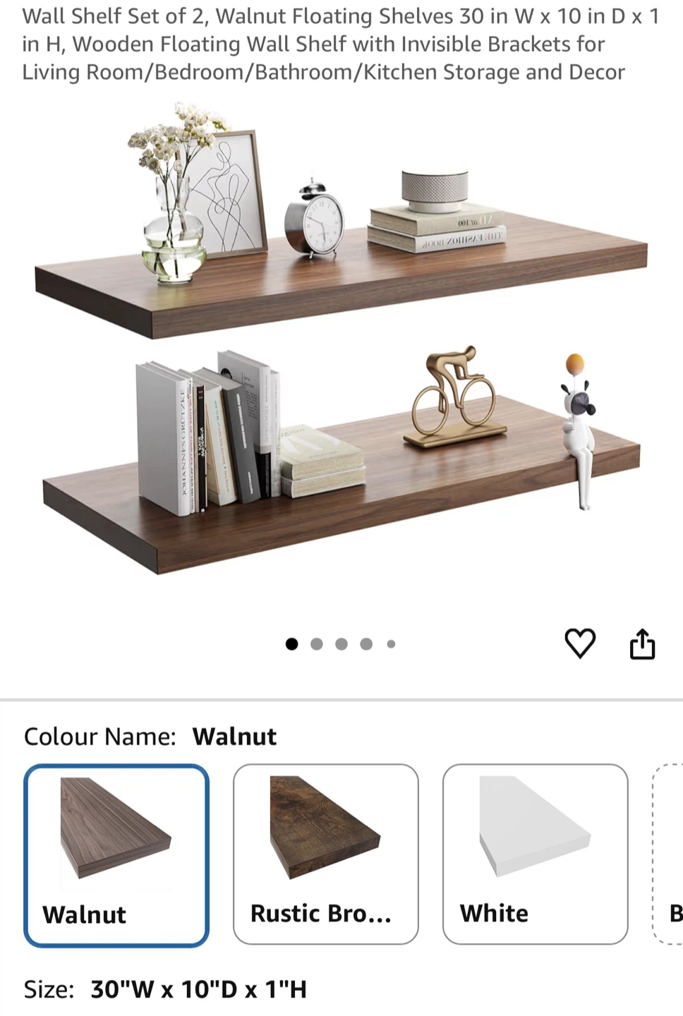 Wall Shelf Set of 2 Floating Shelves Walnut 30"W x 10"D x 1"H