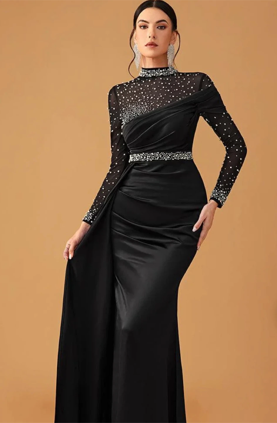 Black mesh beaded satin Formal Gown