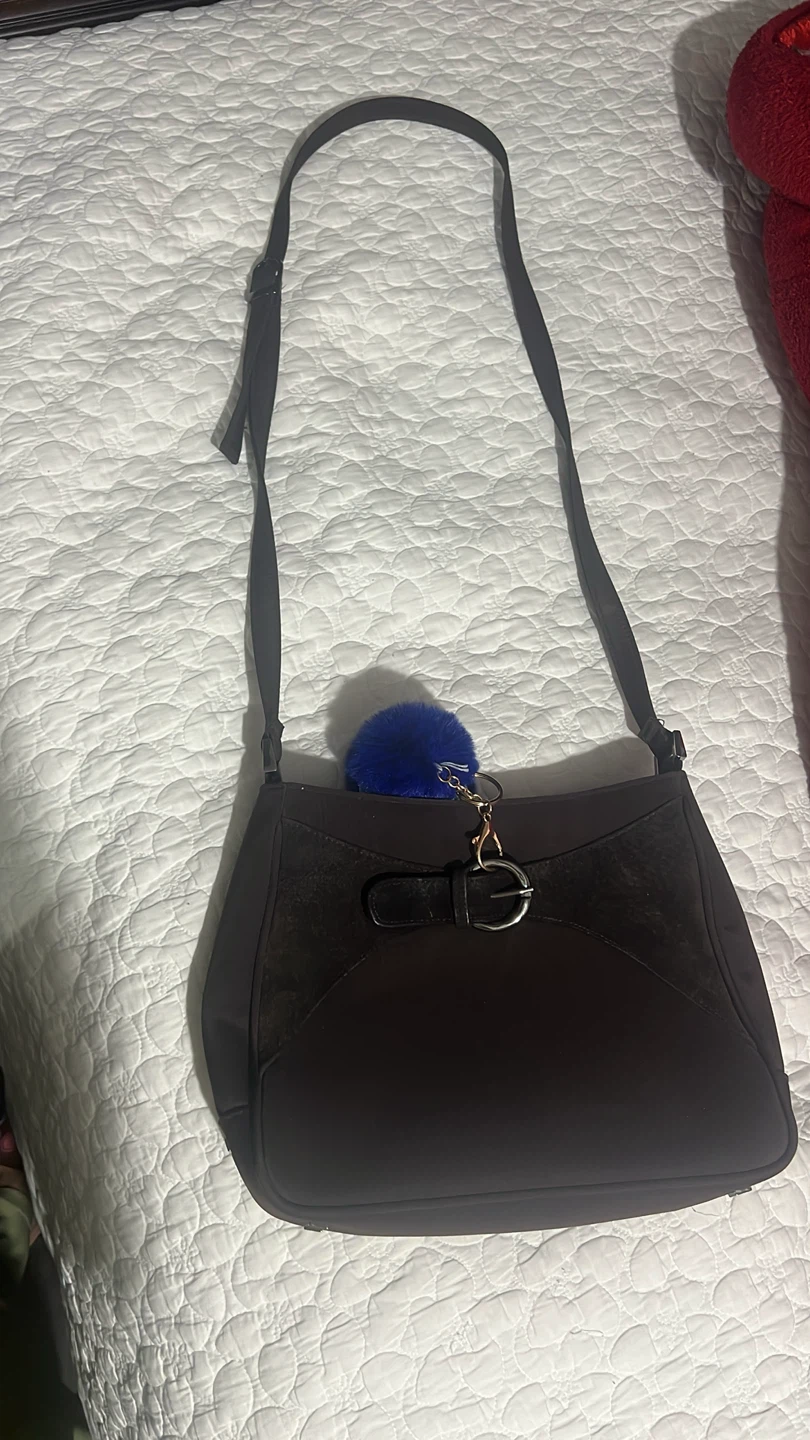 Dark Brown Shoulder Bag with Blue Pom Pom Charm