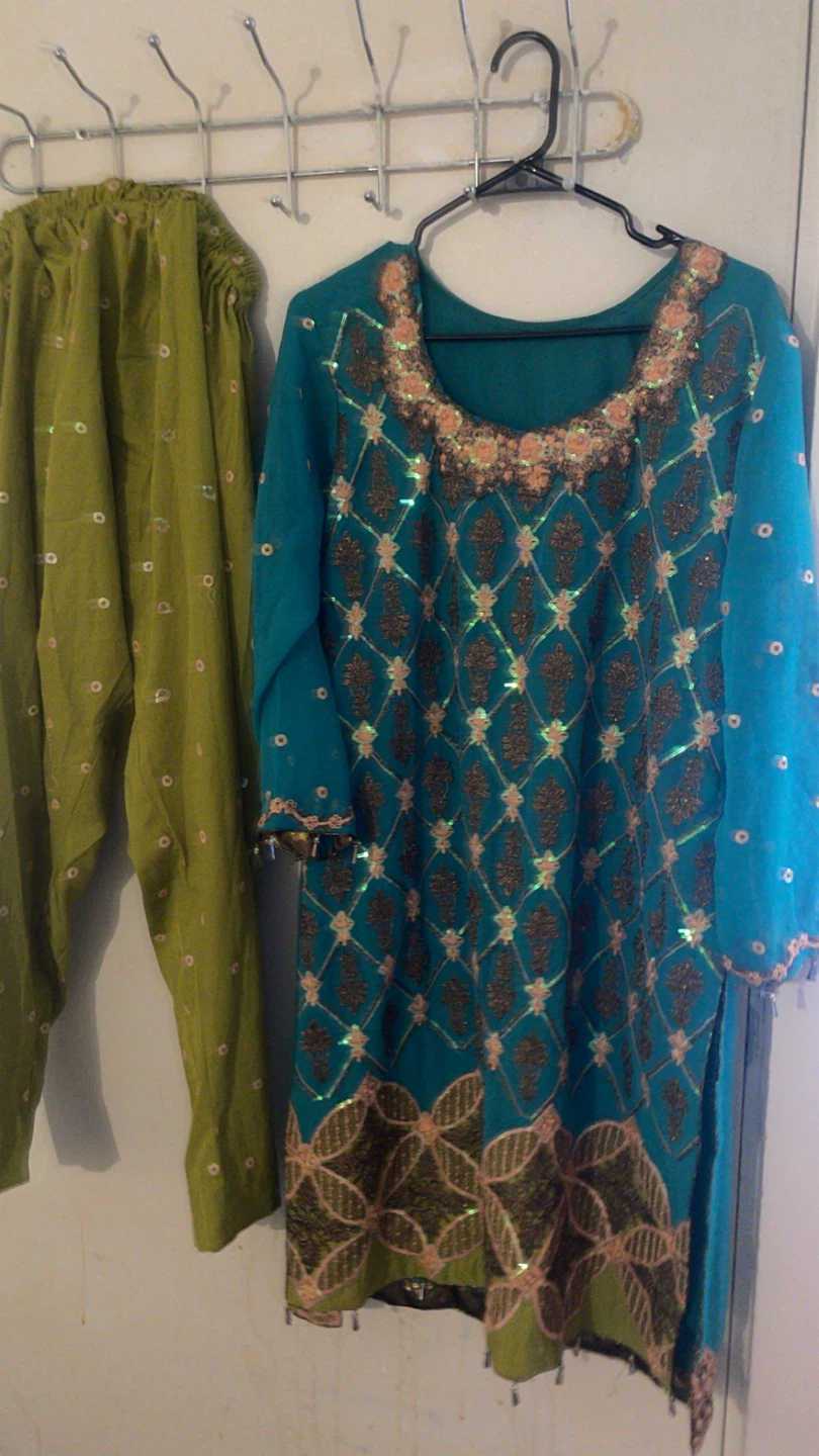 Teal Sequined Kurti with Green Pants