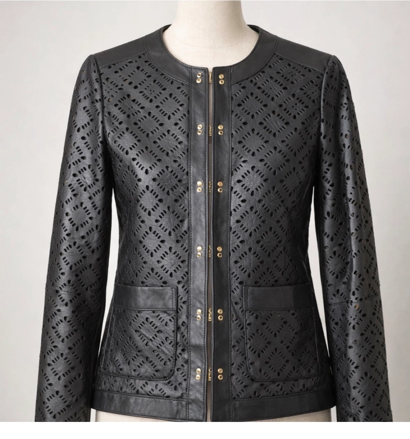 Luisa Spagnoli Black Leather Laser Cut Jacket Size 40