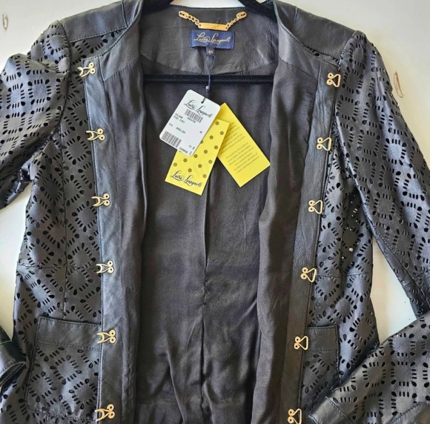 Luisa Spagnoli Black Leather Laser Cut Jacket Size 40 - photo 3