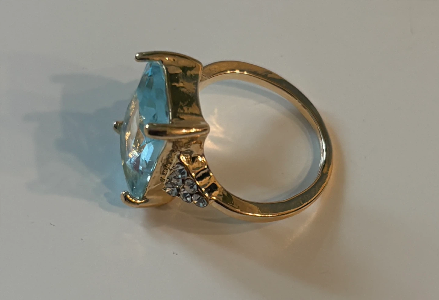 Beautiful Gold Tone Ring with Blue Marquise Cut Stone - photo 2