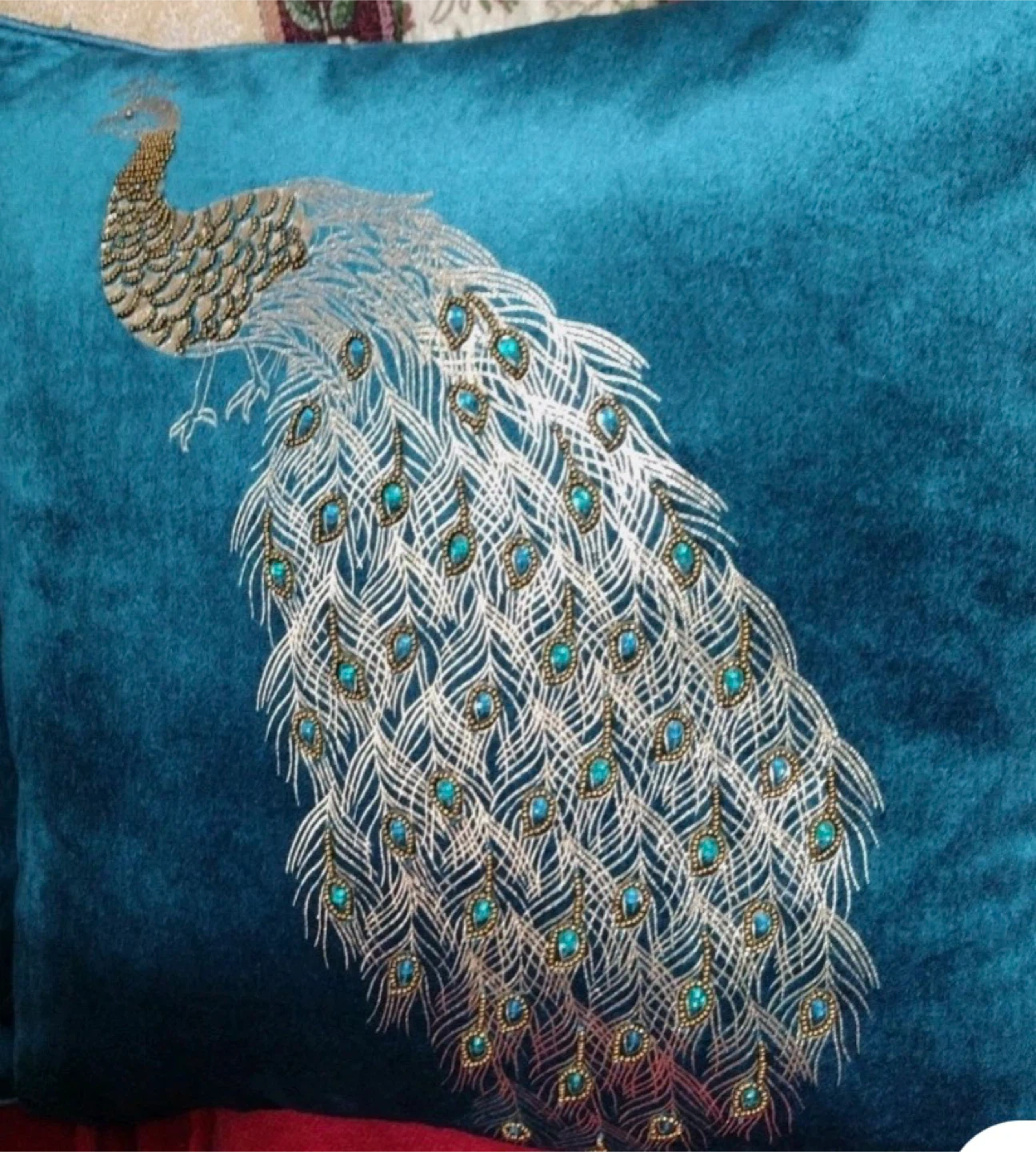 Pier 1 Teal Velvet Peacock Embroidered Throw Pillow