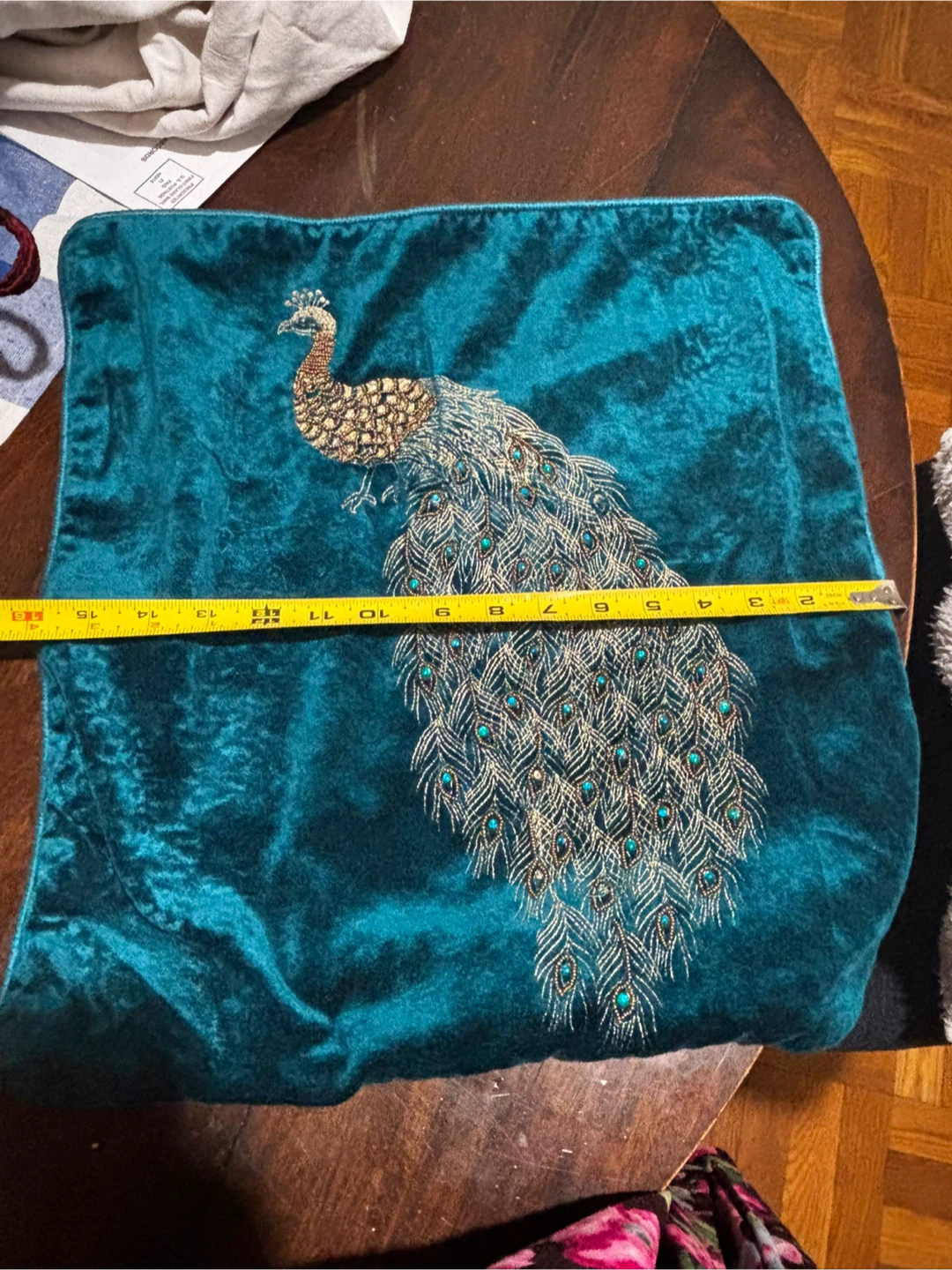 Pier 1 Teal Velvet Peacock Embroidered Throw Pillow - photo 2