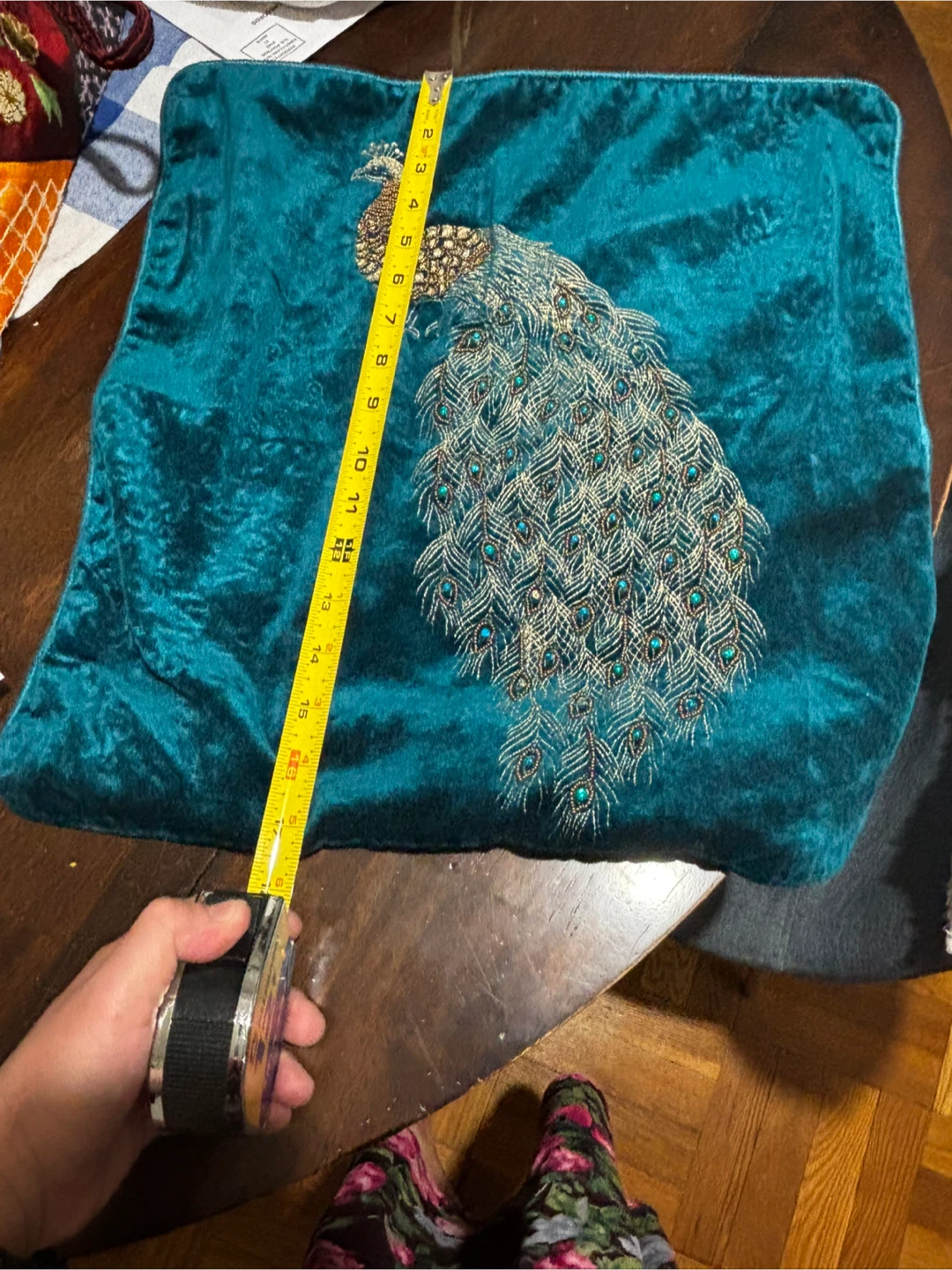 Pier 1 Teal Velvet Peacock Embroidered Throw Pillow - photo 3