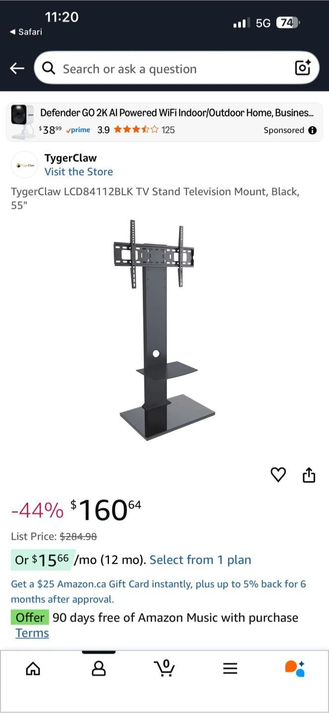 TygerClaw LCD84112BLK TV Stand Television Mount, Black, 55"