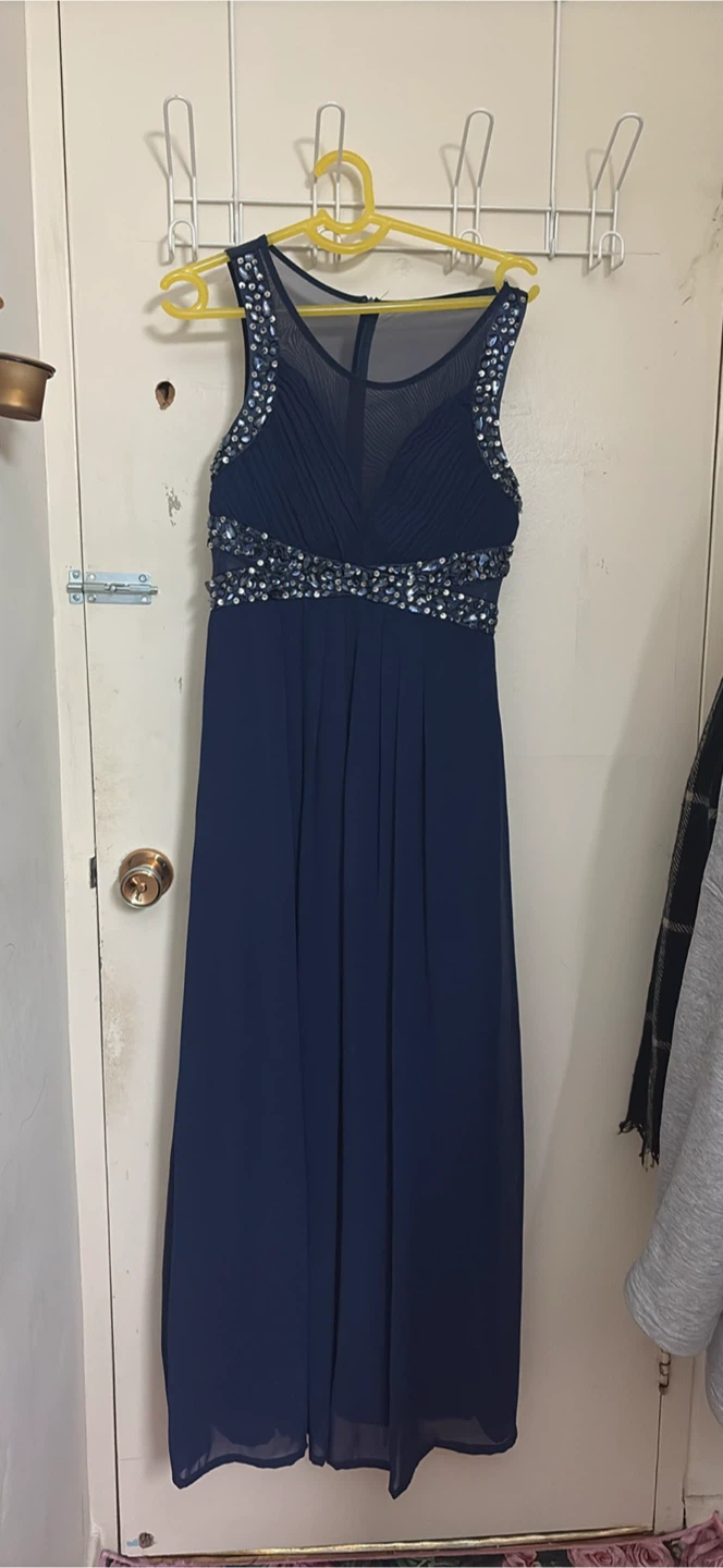 Navy Blue Embellished Evening Gown