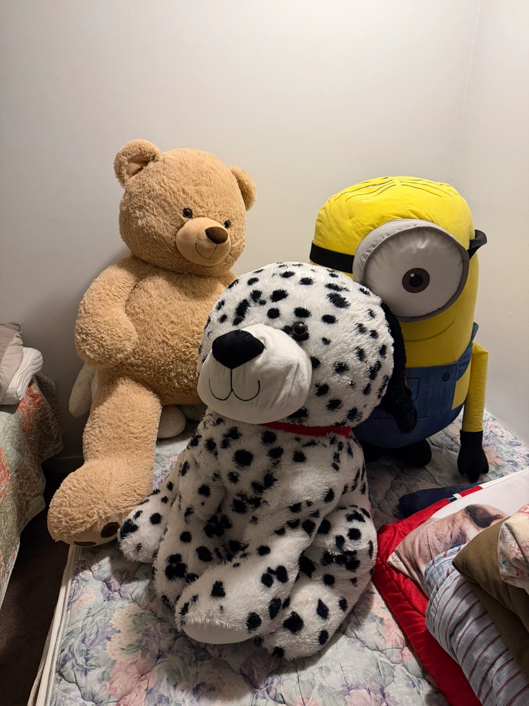 Human-sized Plushies: Teddy Bear, Dalmatian, and Minion