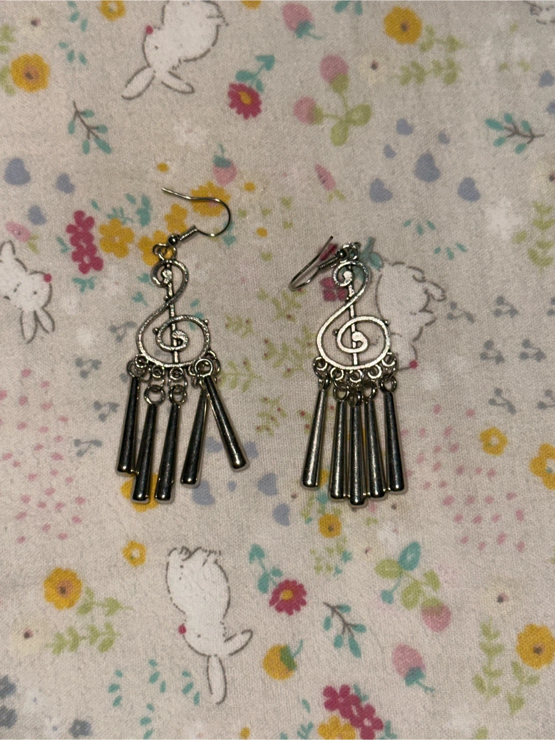 Silver Tone G Clef and Chandelier Earrings