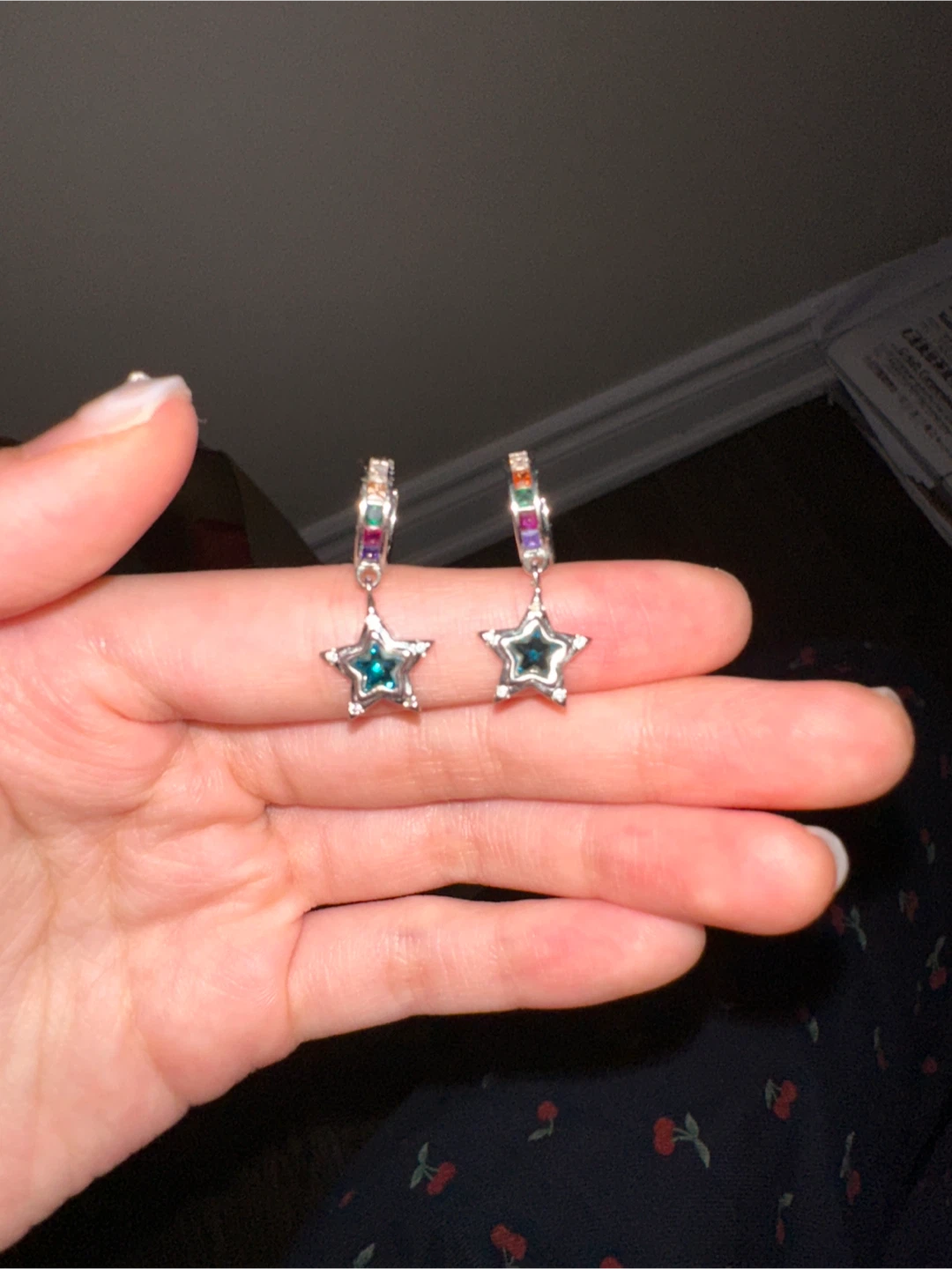 Star Dangle Hoop Earrings with Rainbow Accent