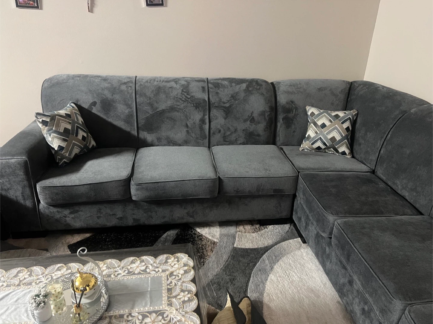 Dark Grey Sectional Sofa with Pillows