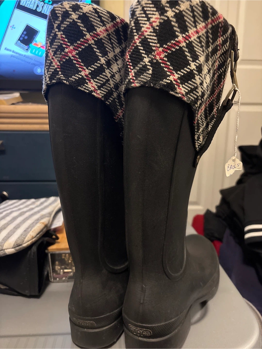 Crocs Women's Black Plaid Rain Boots Size 10