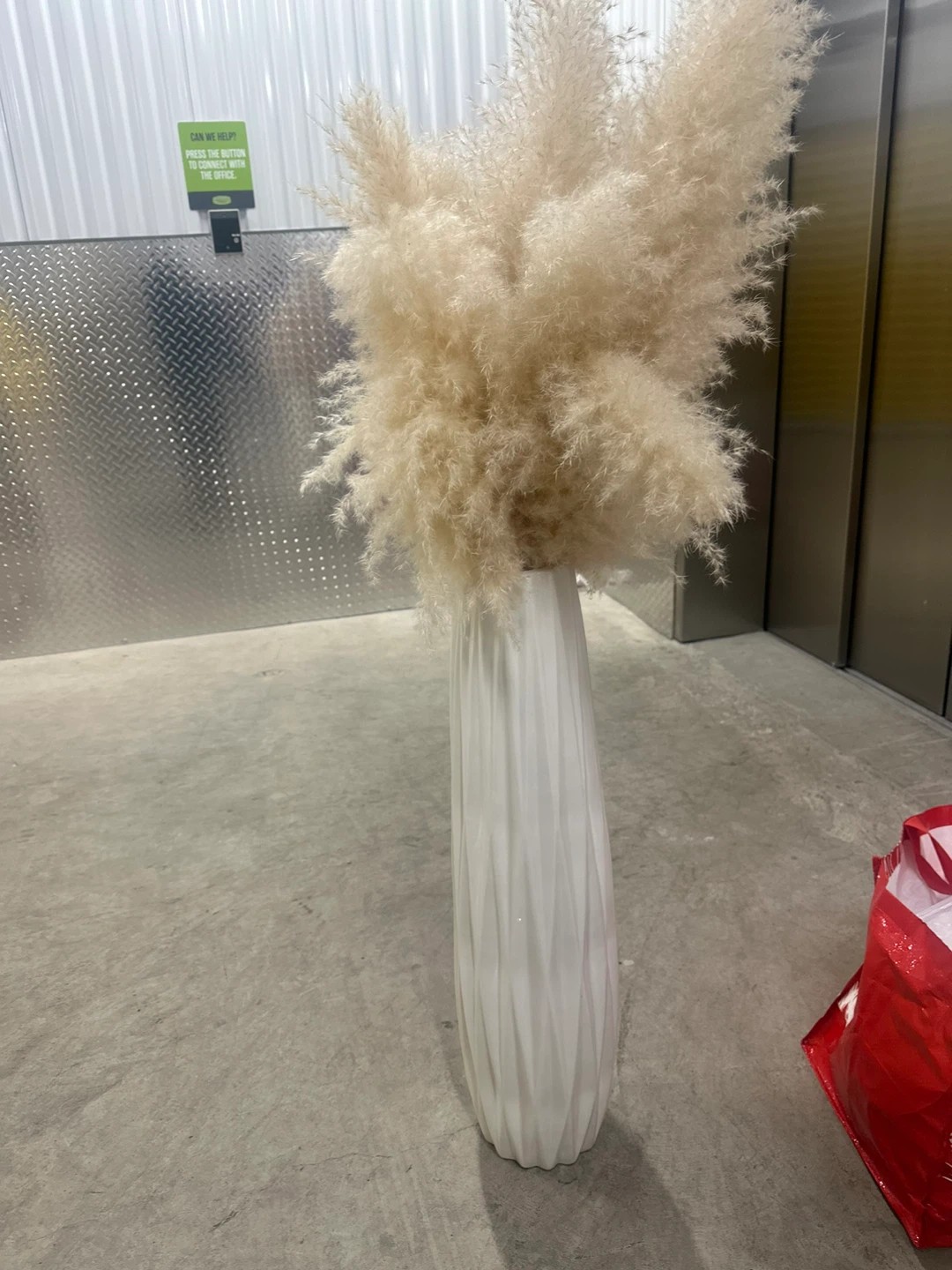 Tall White Ribbed Ceramic Vase with Dried Pampas Grass