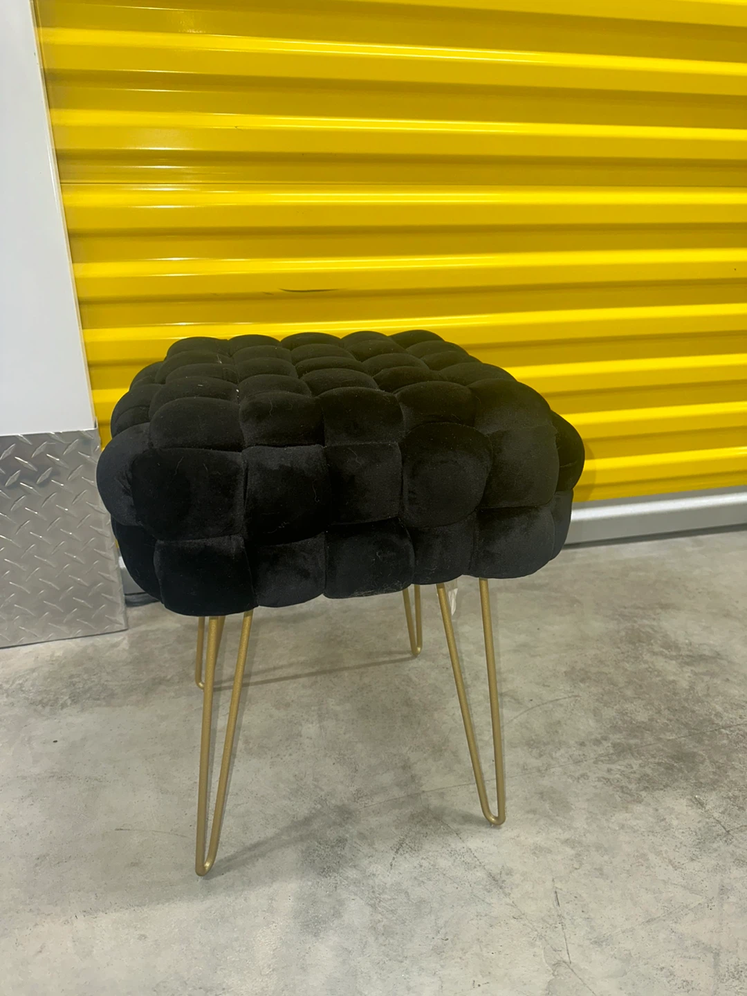 Black Velvet Tufted Ottoman Pouf with Gold Legs