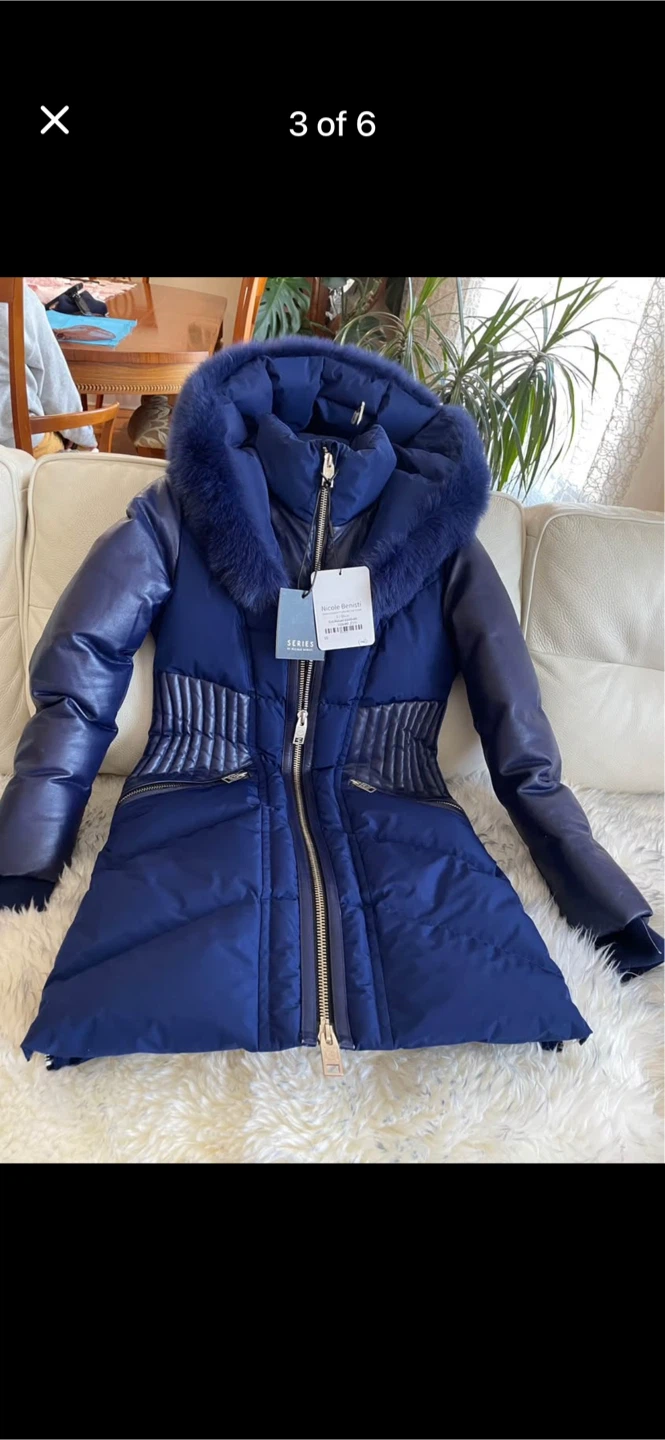 Nicole Benisti Blue Down & Leather Hooded Coat - photo 2
