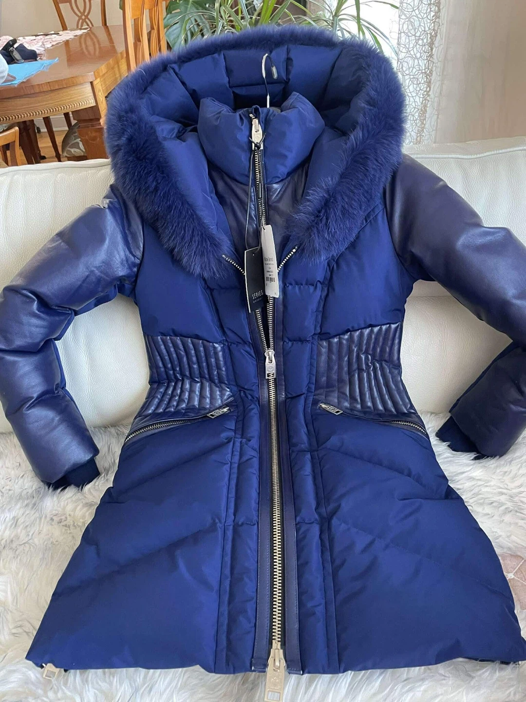 Nicole Benisti Blue Down & Leather Hooded Coat