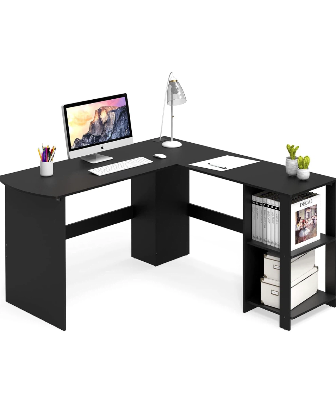 SHW Cyrus L-Shaped Corner Desk with Shelves, Espresso