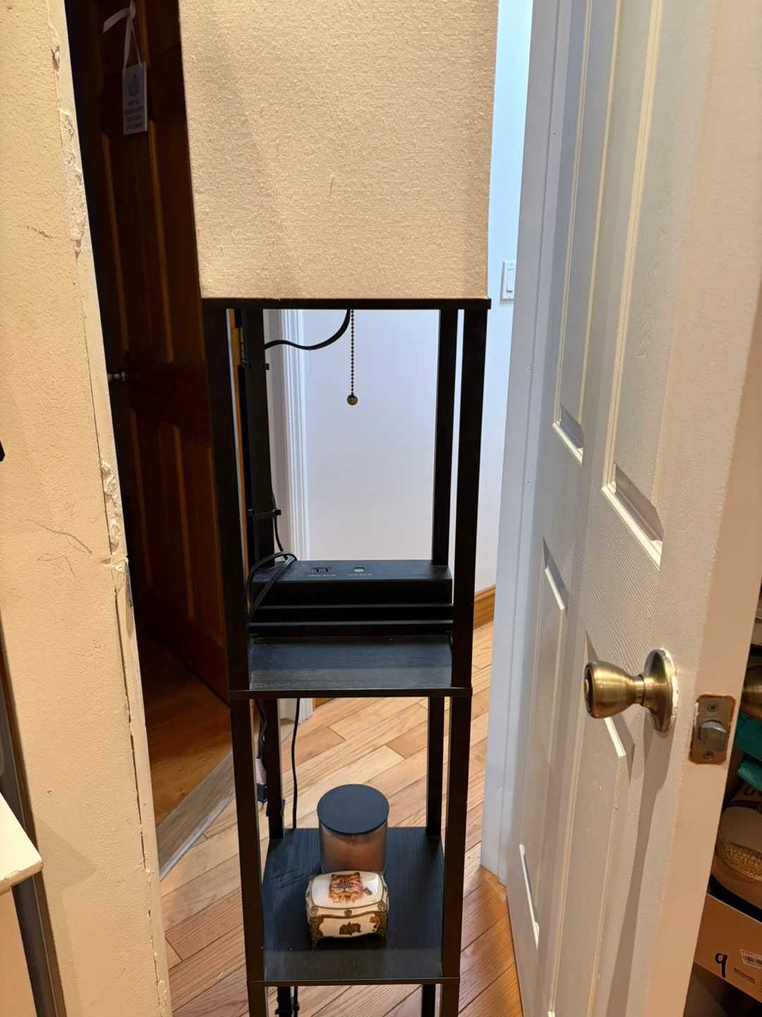 Black Floor Lamp with Shelves and Power Outlets