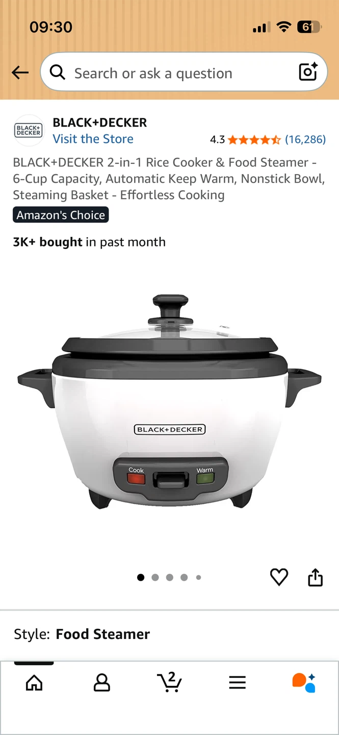 BLACK+DECKER 2-in-1 Rice Cooker & Food Steamer, 6-Cup Capacity