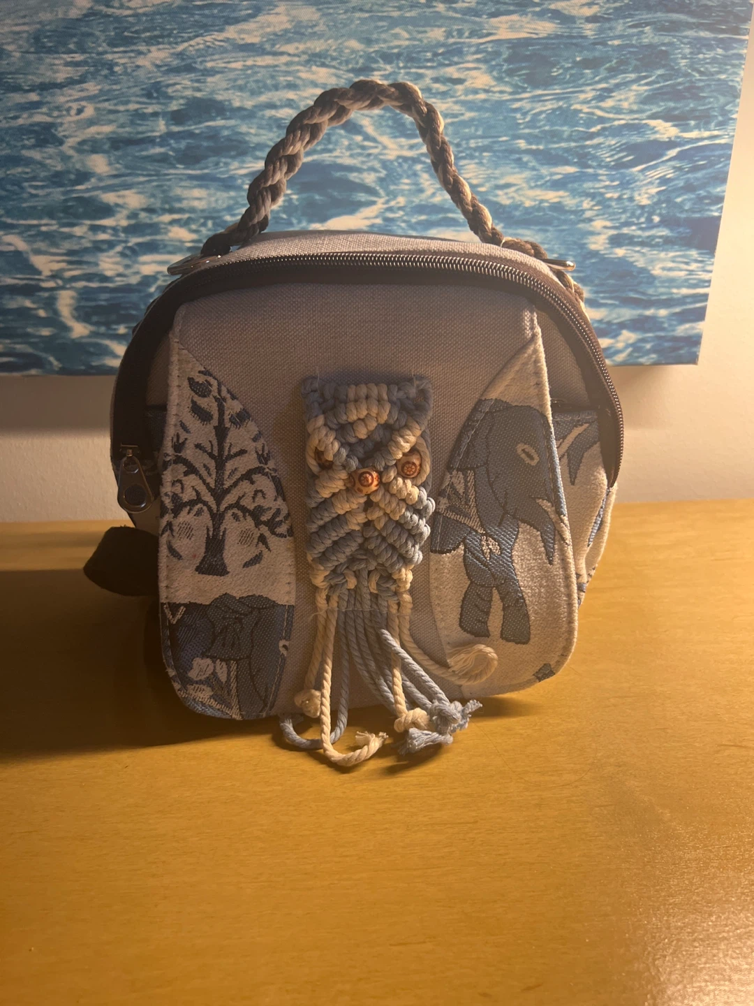 Handmade Blue Elephant Print Canvas Mini Backpack
