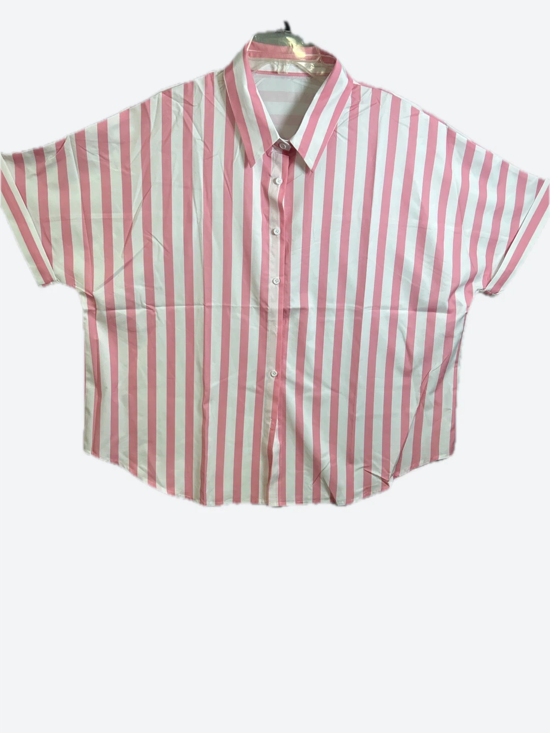 Pink and White Striped Button-Up Shirt - Size L