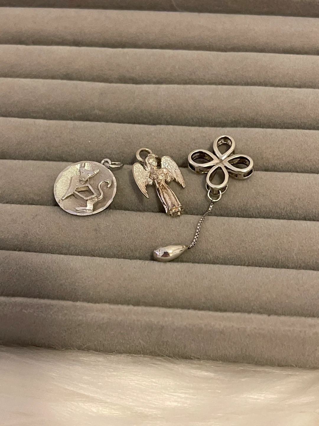 Three Sterling Silver Charms: Angel, Clover, and Horse