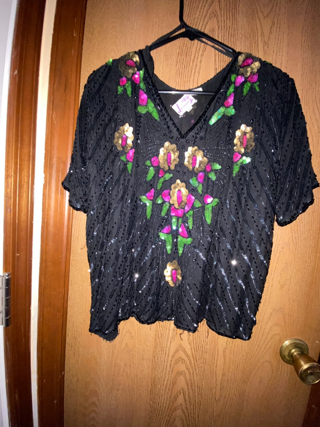 Black Beaded Floral Sequin Blouse