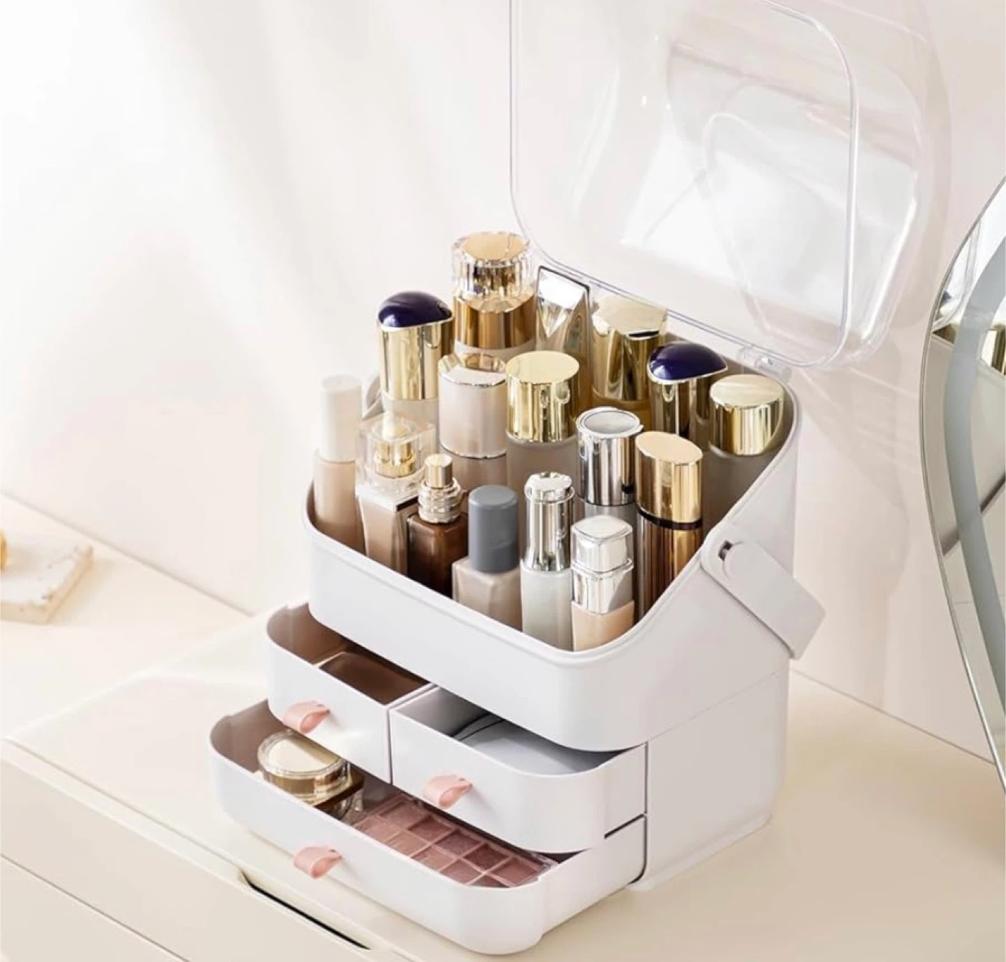 White Makeup Organizer with Clear Lid and Drawers