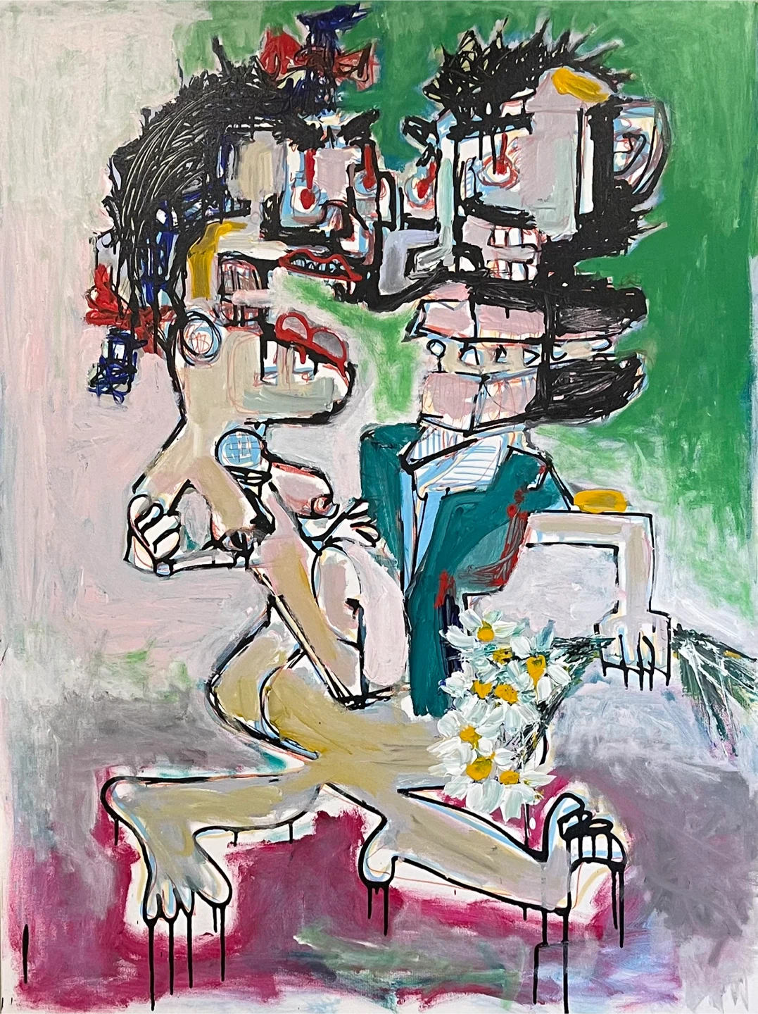 Abstract Figurative Painting with Flowers