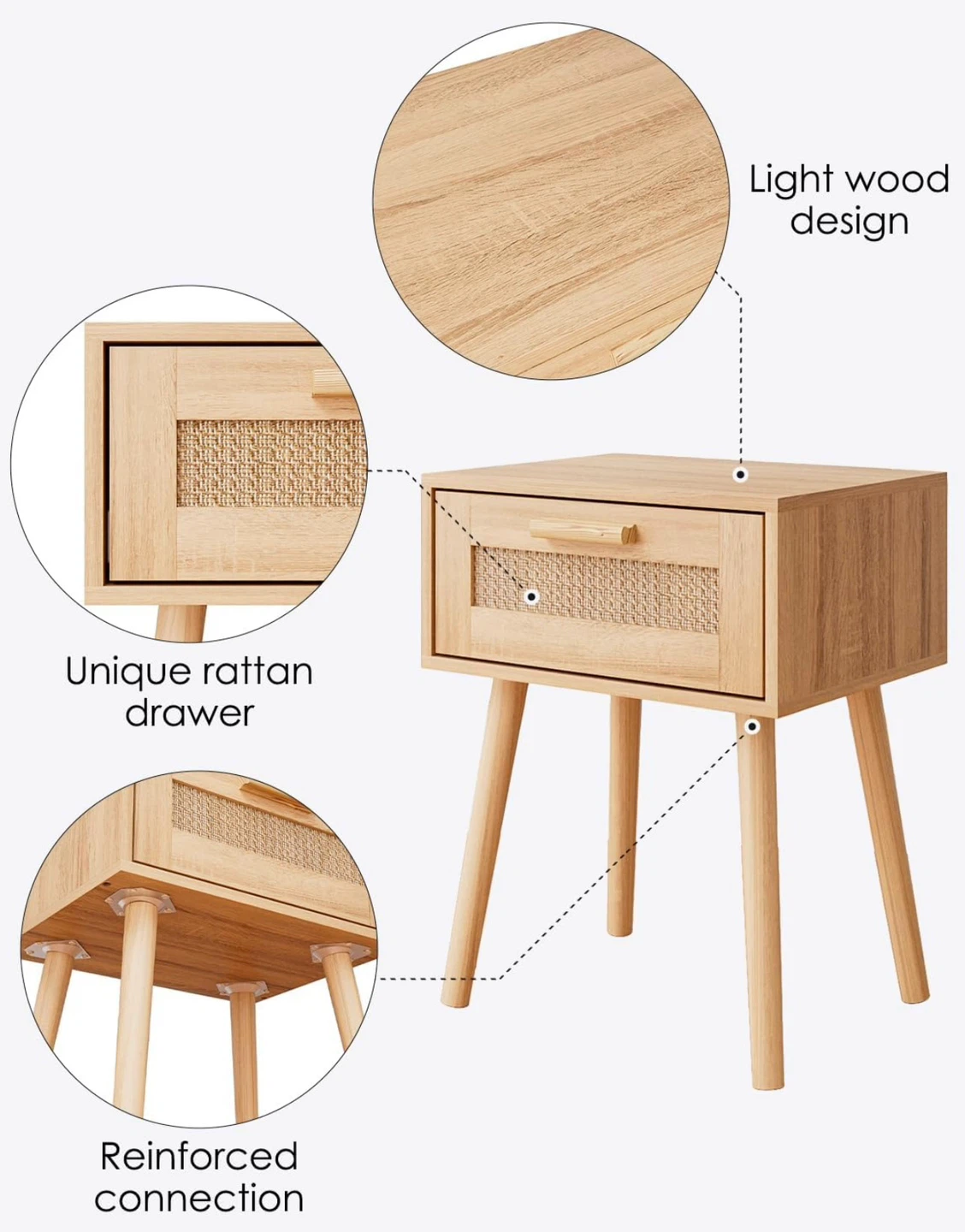 Light Wood Nightstand with Rattan Drawer - photo 4