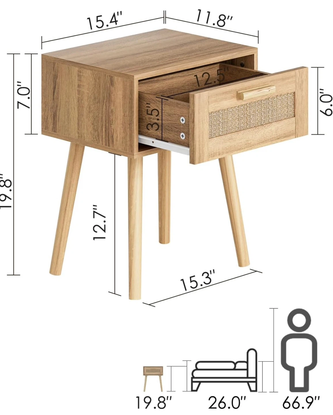 Light Wood Nightstand with Rattan Drawer - photo 2